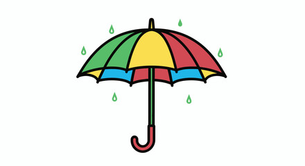 Obraz premium A colorful umbrella with red, yellow, green, and blue panels, with green raindrops falling around it.