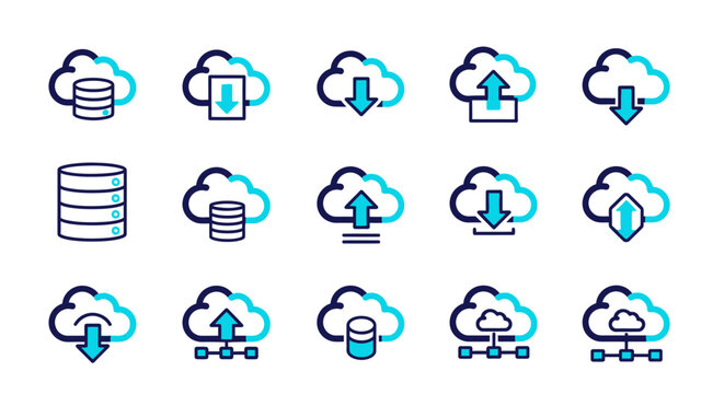 A collection of cloud computing icons representing data storage, uploads, downloads, and network connections.