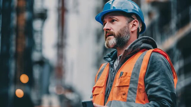 Construction worker in blue hard hat and orange vest checks his smartphone at a busy construction site in the city