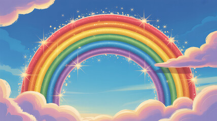 Fototapeta premium Vibrant rainbow arch stretching across blue sky with fluffy clouds and sparkles symbolizing hope and serenity in a beautiful natural landscape