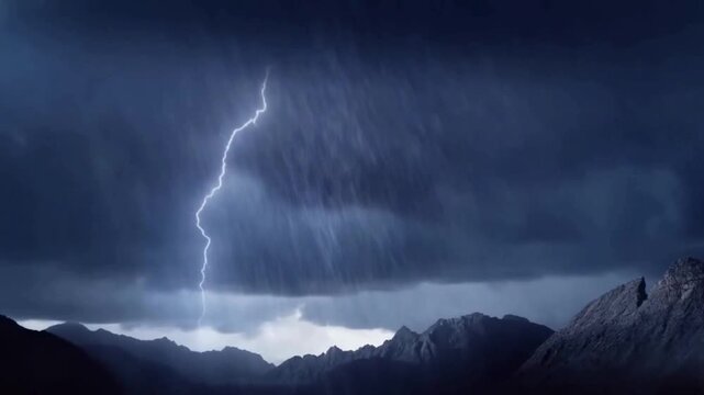 A white flash of lightning flashed across the dark sky, splitting the thick clouds above the mountains in the background.