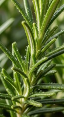 Fototapeta premium Fresh herb sprigs display tiny droplets of water in close up detail