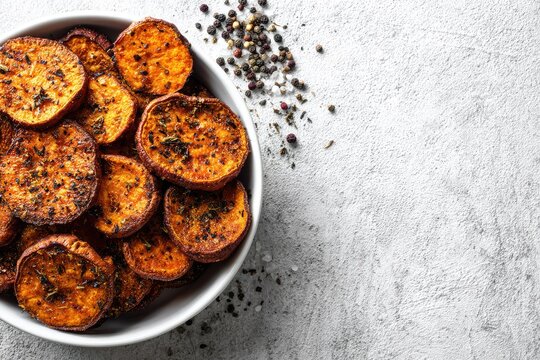 Close up of baked sweet potato slices in a white bowl on a textured surface