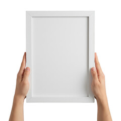3D rendered empty picture frame held by hands isolated on transparent background