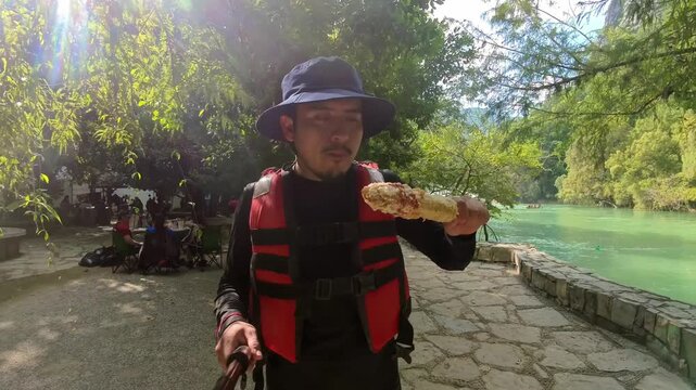 Exploring Cascada de Micos in Huasteca Potosina while enjoying a snack in nature