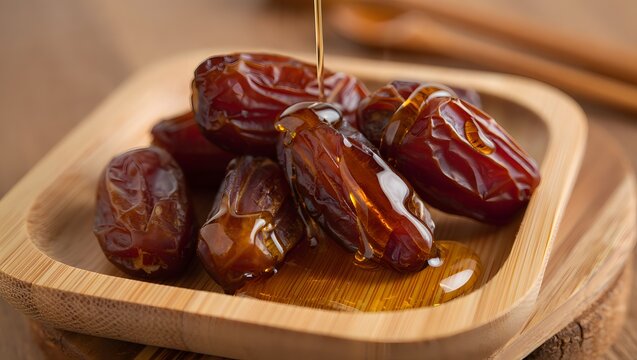 Macro shot of organic dates and honey on sustainable bamboo tray