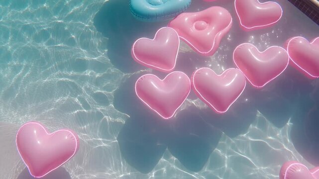 Pink heart shaped inflatables floating tranquil on water with sunlight reflections in a swimming pool on a clear day