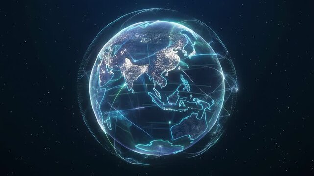 Digital global network earth with illuminated cities and data connections in space