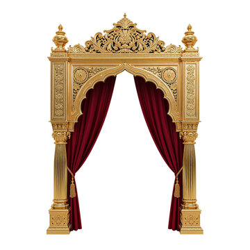 Ornate Golden Archway with Burgundy Curtains - Traditional Indian Decor