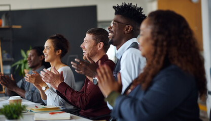 Obraz premium Applause, meeting or staff in agency for presentation, company rebranding or positive panel feedback. Happy team, startup launch or people clapping for transformation success, pride or celebration