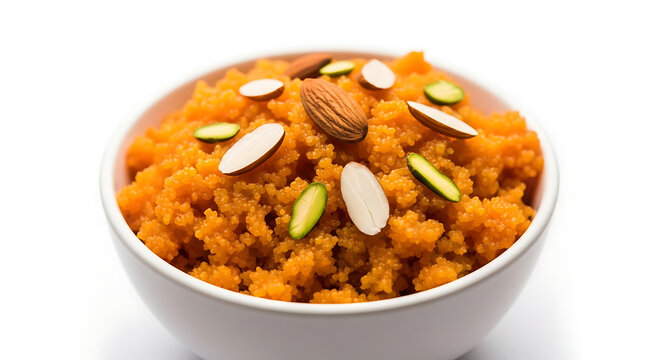 Delicious sweet suji halwa dessert with nuts garnish for healthy breakfast or festive dinner celebrations.

