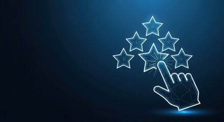 Digital rating stars with a glowing cursor selecting the fifth star for positive customer feedback and evaluation
