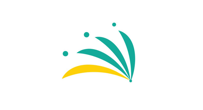 A vibrant abstract graphic design presents fanning teal arcs rising from a golden base, accented by playful dots, symbolizing growth, innovation, and dynamic energy.