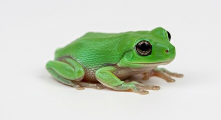 Fototapeta premium Brightly lit green tree frog calmly resting on a clean white surface its smooth vibrant skin reflecting soft studio light. AI Generated