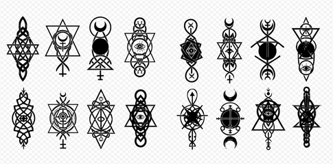 Fototapeta premium Set of mystical alchemy symbols, sacred geometry, and occult esoteric designs for spiritual and magical concepts.