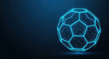 Fototapeta premium Futuristic Digital Soccer Ball With Glowing Neon Network Overlay Against Dark Blue Background