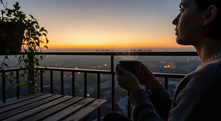 Obraz premium Person enjoys steaming beverage while observing a city panorama during twilight hours from an elevated balcony.