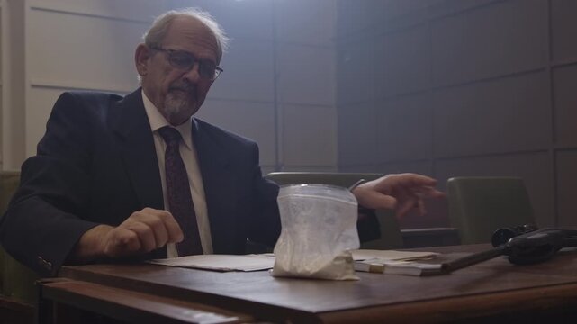 Criminal Trial lawyer in court pointing to notes - modern court room scene