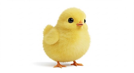 Obraz premium Fluffy yellow baby chick standing adorable with soft gentle lighting against a bright white background perfect for spring. AI Generated