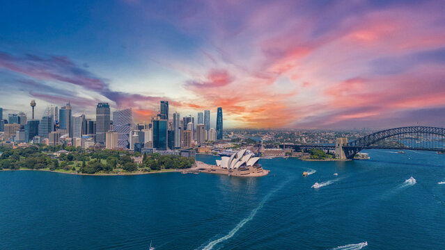 5 February 2026 Aerial View of Sydney Harbour Circular Quay cruise Liner on a nice Summer day beautiful Sky in Sydney NSW Australia
