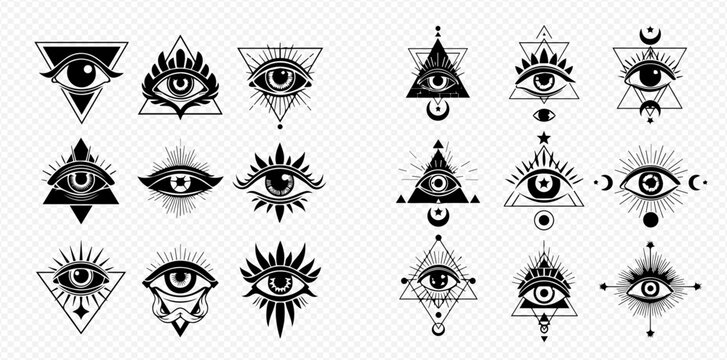 Set of all-seeing eye symbols with sacred geometry, occult, and masonic elements, isolated on transparent background.