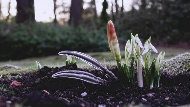 Close-up of emerging snowdrop flowers and a sprouting seed pod on the forest floor during early spring, symbolizing Imbolc renewal and new beginnings
