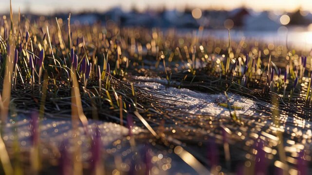Close-up of early spring crocus flowers emerging through melting snow during sunset, symbolizing renewal and seasonal transition in a natural landscape