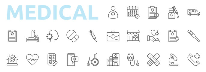 Medical icon outline style with doctor, schedule, medical report, vaccine, ambulance, medical bag, pharmacy, healthcare icons