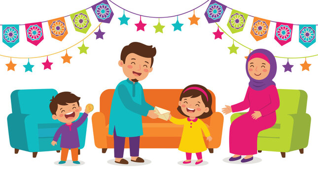 A happy Muslim family celebrating Eid, with the father giving Eidi to his daughter, surrounded by festive decorations.