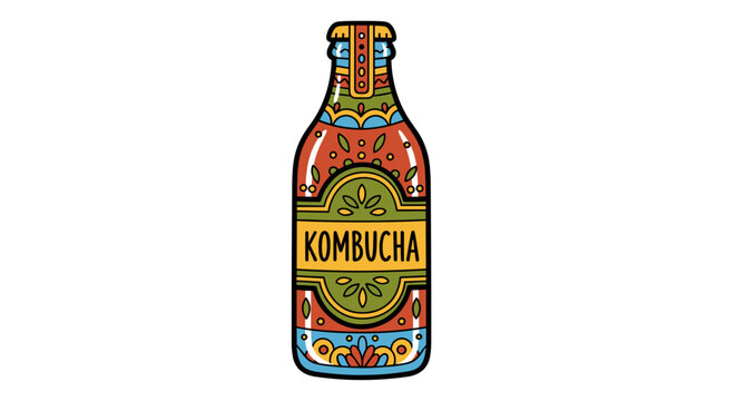 Colorful labeled kombucha bottle with intricate patterns isolated on white background, showcasing vibrant artistic design and detailed illustration
