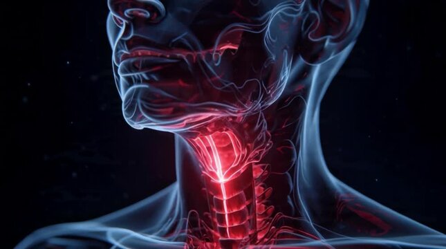 Throat anatomy medical scan visualization showing sore throat or pain