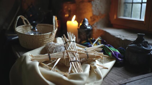 Rustic Imbolc Celebration Scene with Candles, Ritual Items, and Traditional Decorations in Cozy Cabin Setting