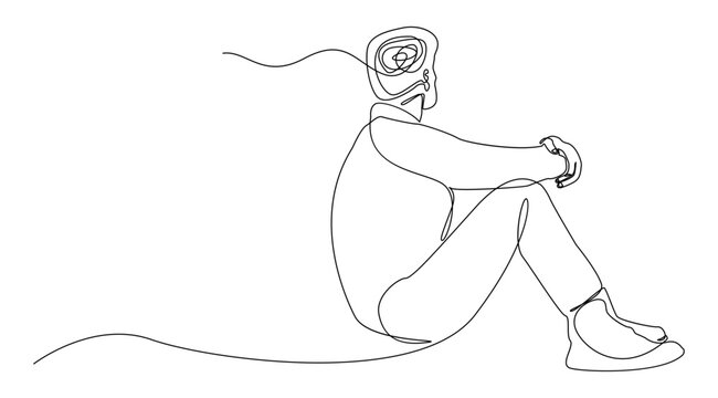 A minimalist monoline illustration of a seated human figure, drawn in a continuous single line style, featuring an abstract brain inside a head. Ideal for psychology, therapy, healthcare, etc.