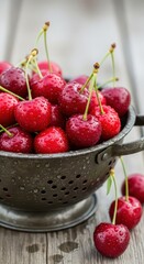 Freshly washed ripe fruit rests inside a metal draining container on a wooden surface.