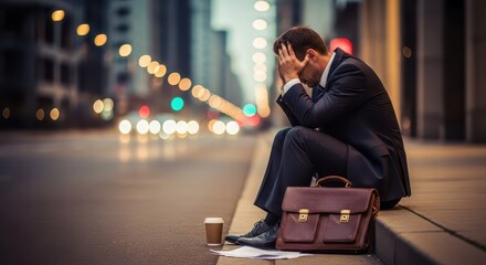 Distressed businessman sits alone on city sidewalk near traffic at dusk