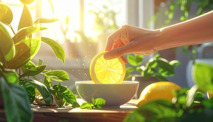 Citrus Refreshment A Hand Putting Lemon Slice into Bowl for Wellbeing and Aromatherapy at Home in a Sunlit Room.