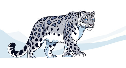 A detailed illustration of a majestic snow leopard walking across a snowy, mountainous terrain. © Fauzi
