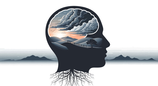 A silhouette of a human head filled with a dramatic landscape, symbolizing the inner world of thoughts and emotions.