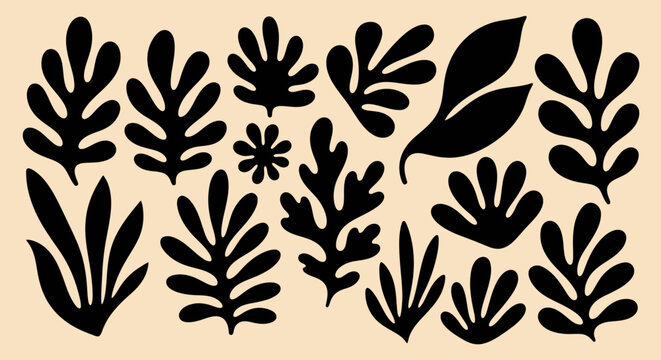 A collection of black abstract organic shapes resembling leaves and plants on a beige background.