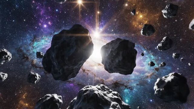 Asteroid Belt Approaching Vibrant Galaxy and Bright Stars