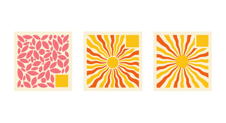 Obraz premium A set of three abstract square illustrations featuring a pink leaf pattern and two sunburst designs in warm colors.