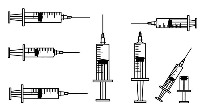 A collection of various medical syringes and needles, depicted in a clean, graphic illustration style.