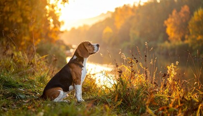 Beagle in Autumn Landscape A Serene Moment Outdoors With Nature and Golden Sunlight.