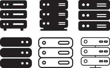 Server rack and database storage icon set bundle in solid and outline representing data storage and technology
