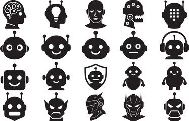 Artificial intelligence robot head icon set with chatbot AI cyborg and futuristic robot faces
