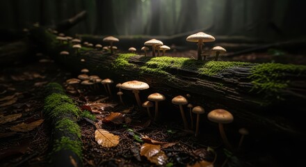 Naklejka premium Numerous small fungi sprout from a decaying log covered in vibrant green moss within a dimly lit woodland setting.