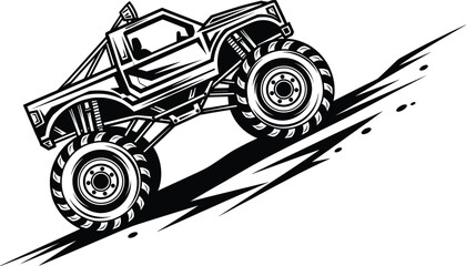 Powerful monster truck vector illustration climbing steep hill offroad adventure race car silhouette for heavy duty engine vehicle extreme sports competition logo design. © MdEmdadul