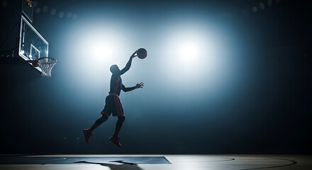 March Madness, Basketball Player Dunking Action Shot Arena Lighting
