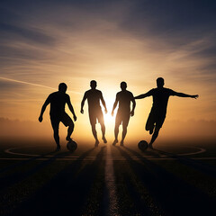 Soccer Players Silhouette Sunset Teamwork Sport Action
