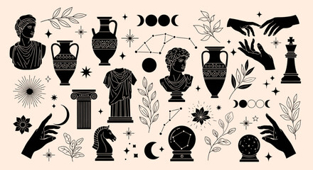 A collection of black silhouette icons representing ancient Greek and Roman art, mythology, and celestial elements. © Gisella